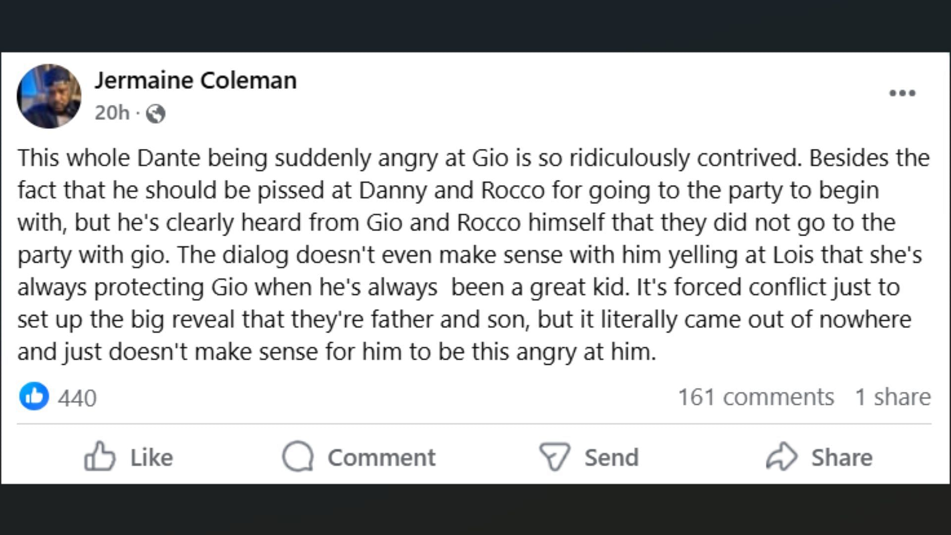 A post made by a fan, saying that Dante should be pissed at Danny and Rocco (Image via Facebook/General Hospital Fans - Official)